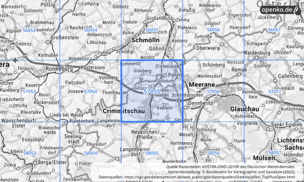 Übersichtskarte KOSTRA-DWD-2010R Rasterfeld Nr. 57055 mit angrenzenden Feldern