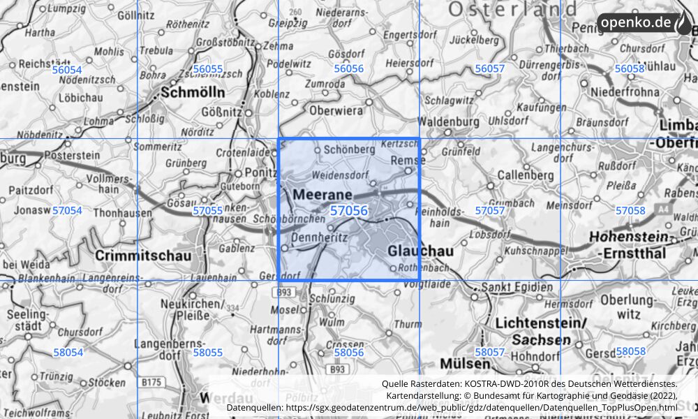 Übersichtskarte KOSTRA-DWD-2010R Rasterfeld Nr. 57056 mit angrenzenden Feldern