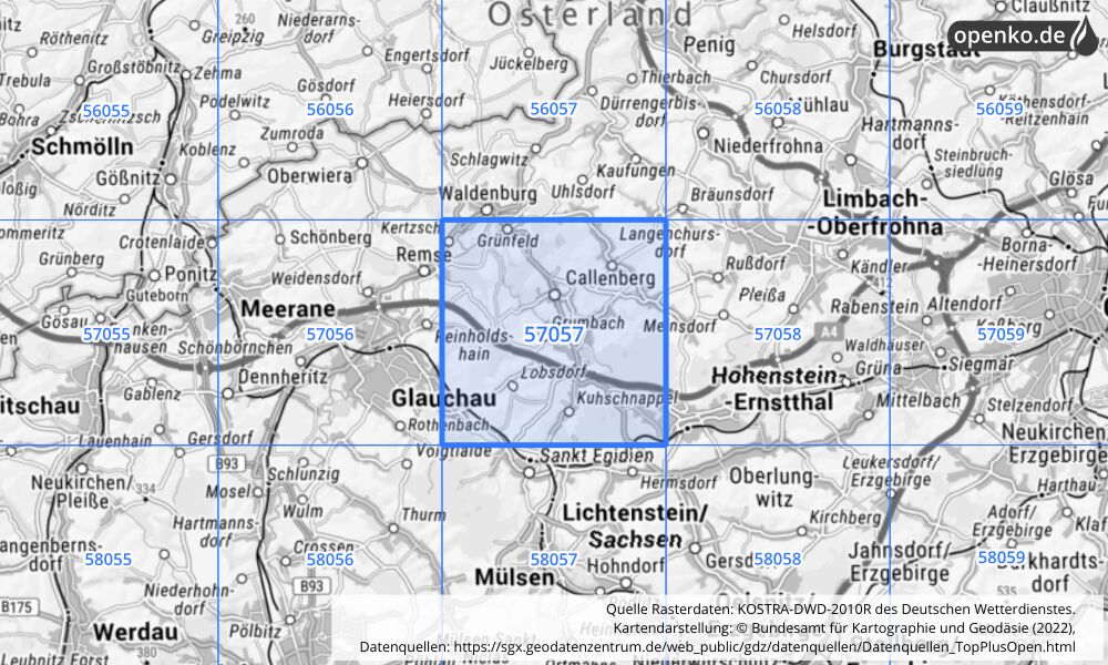 Übersichtskarte KOSTRA-DWD-2010R Rasterfeld Nr. 57057 mit angrenzenden Feldern