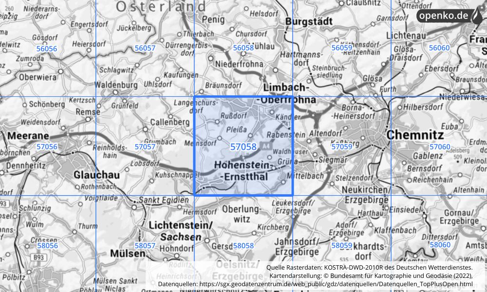 Übersichtskarte KOSTRA-DWD-2010R Rasterfeld Nr. 57058 mit angrenzenden Feldern