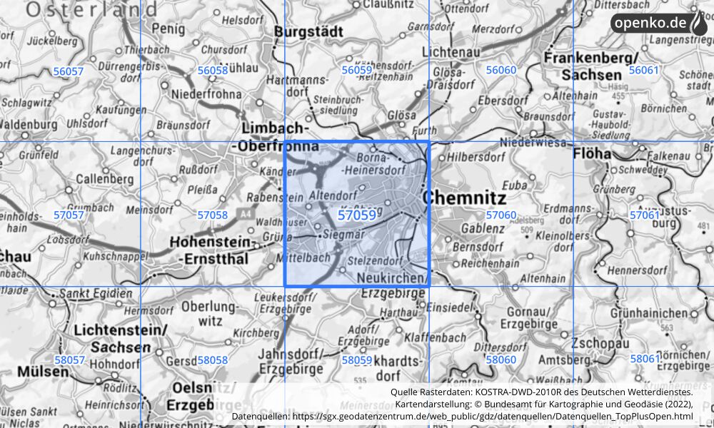 Übersichtskarte KOSTRA-DWD-2010R Rasterfeld Nr. 57059 mit angrenzenden Feldern