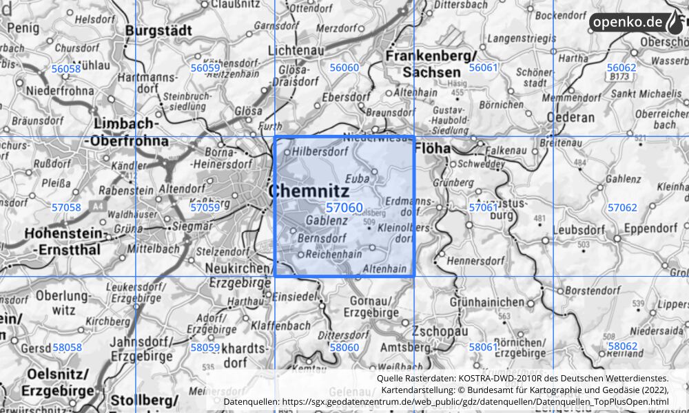 Übersichtskarte KOSTRA-DWD-2010R Rasterfeld Nr. 57060 mit angrenzenden Feldern