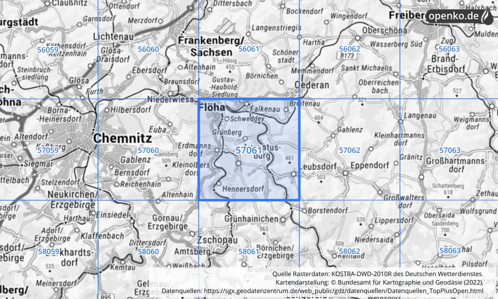 Übersichtskarte KOSTRA-DWD-2010R Rasterfeld Nr. 57061 mit angrenzenden Feldern