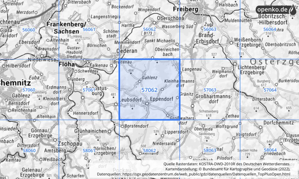 Übersichtskarte KOSTRA-DWD-2010R Rasterfeld Nr. 57062 mit angrenzenden Feldern