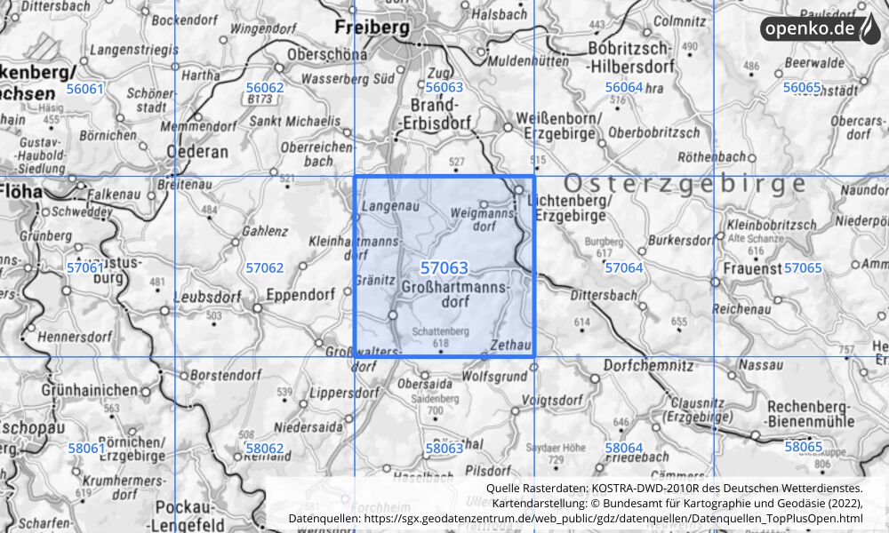 Übersichtskarte KOSTRA-DWD-2010R Rasterfeld Nr. 57063 mit angrenzenden Feldern