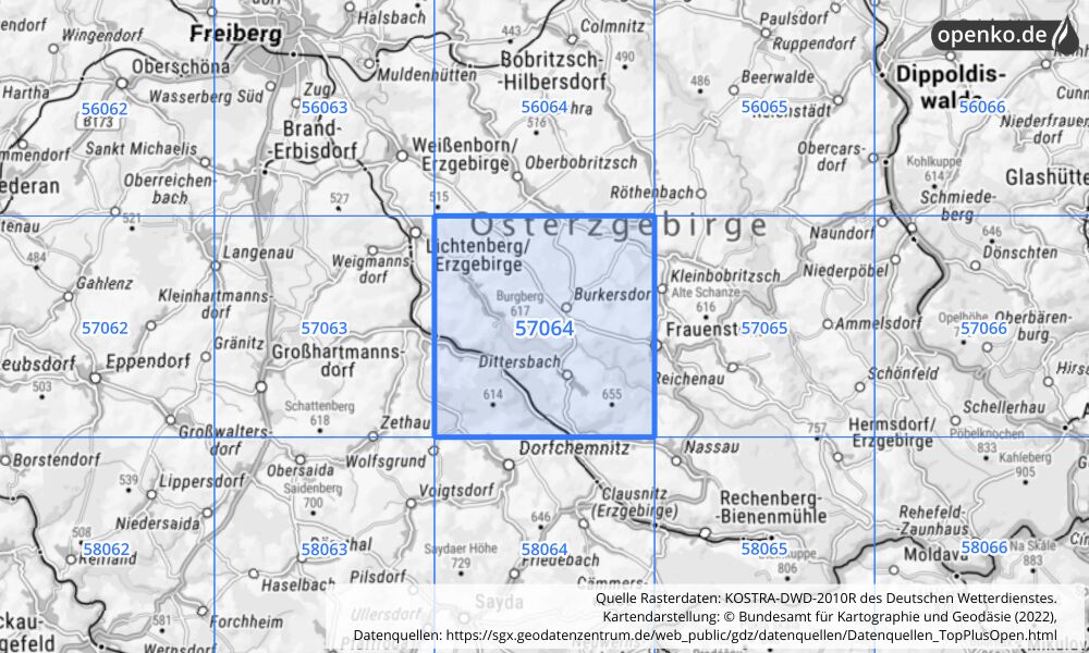 Übersichtskarte KOSTRA-DWD-2010R Rasterfeld Nr. 57064 mit angrenzenden Feldern