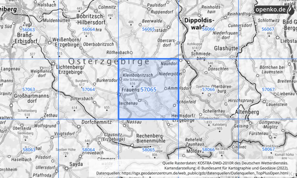 Übersichtskarte KOSTRA-DWD-2010R Rasterfeld Nr. 57065 mit angrenzenden Feldern