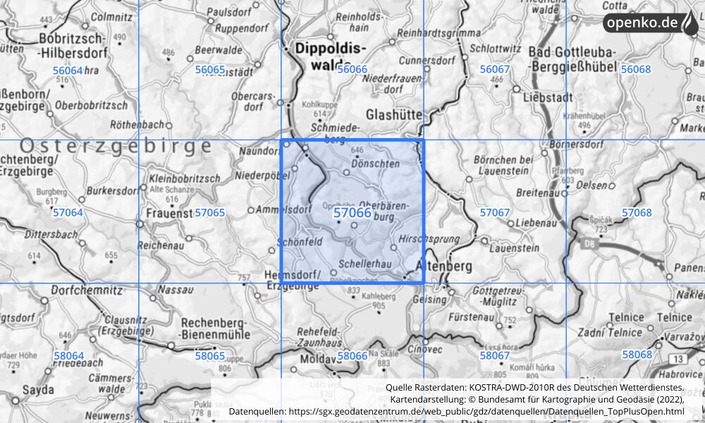 Übersichtskarte KOSTRA-DWD-2010R Rasterfeld Nr. 57066 mit angrenzenden Feldern