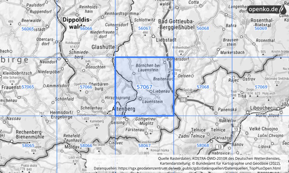 Übersichtskarte KOSTRA-DWD-2010R Rasterfeld Nr. 57067 mit angrenzenden Feldern