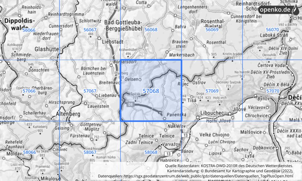 Übersichtskarte KOSTRA-DWD-2010R Rasterfeld Nr. 57068 mit angrenzenden Feldern