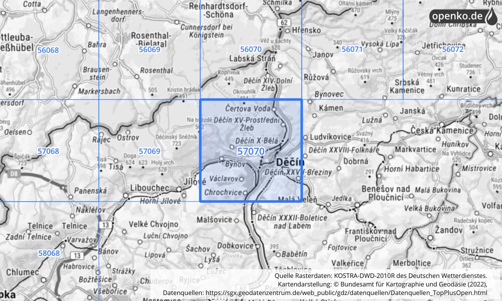 Übersichtskarte KOSTRA-DWD-2010R Rasterfeld Nr. 57070 mit angrenzenden Feldern