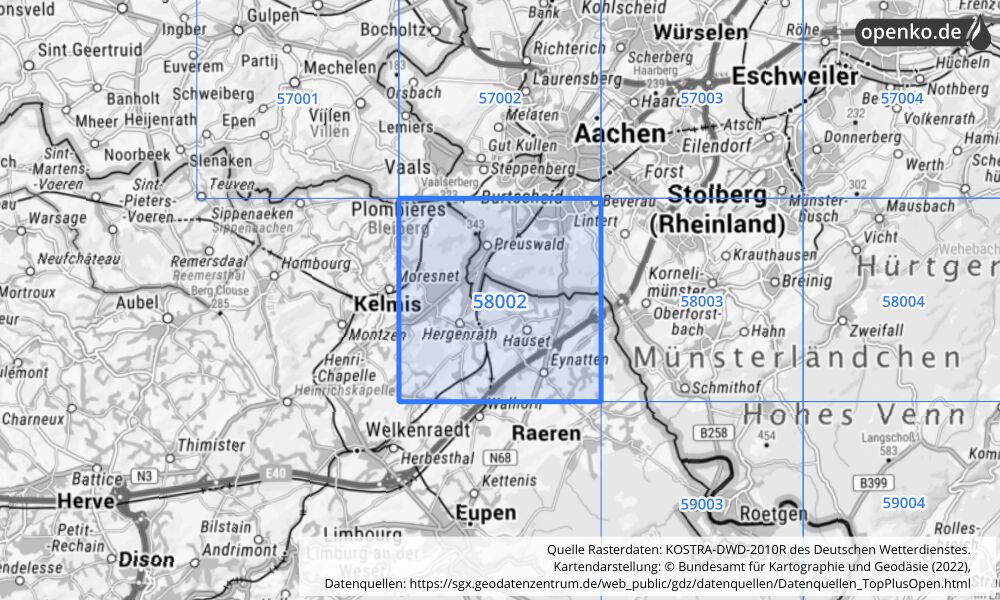 Übersichtskarte KOSTRA-DWD-2010R Rasterfeld Nr. 58002 mit angrenzenden Feldern