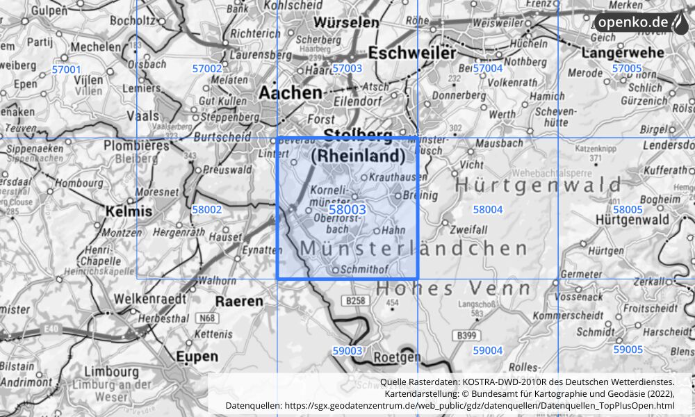 Übersichtskarte KOSTRA-DWD-2010R Rasterfeld Nr. 58003 mit angrenzenden Feldern