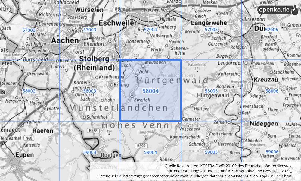 Übersichtskarte KOSTRA-DWD-2010R Rasterfeld Nr. 58004 mit angrenzenden Feldern