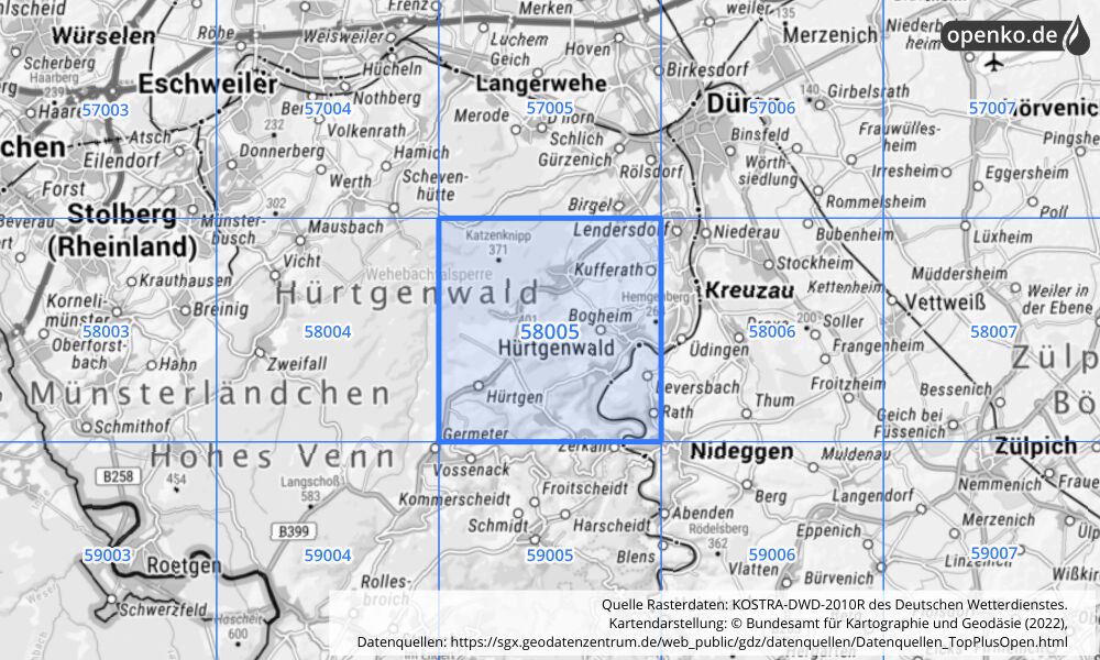 Übersichtskarte KOSTRA-DWD-2010R Rasterfeld Nr. 58005 mit angrenzenden Feldern