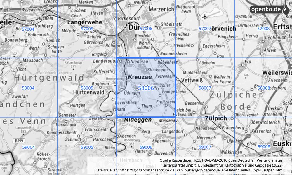 Übersichtskarte KOSTRA-DWD-2010R Rasterfeld Nr. 58006 mit angrenzenden Feldern