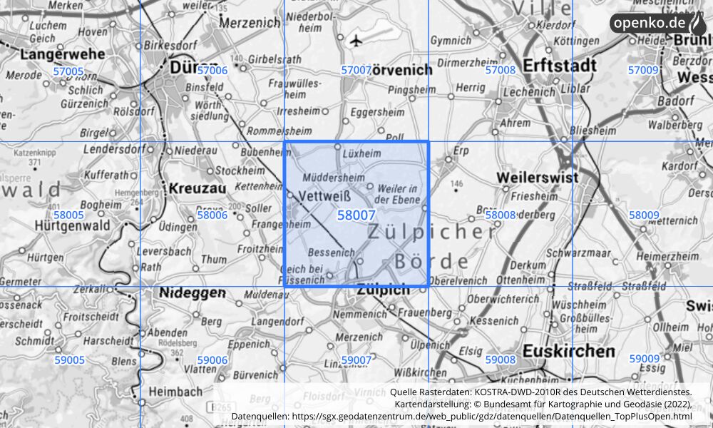 Übersichtskarte KOSTRA-DWD-2010R Rasterfeld Nr. 58007 mit angrenzenden Feldern