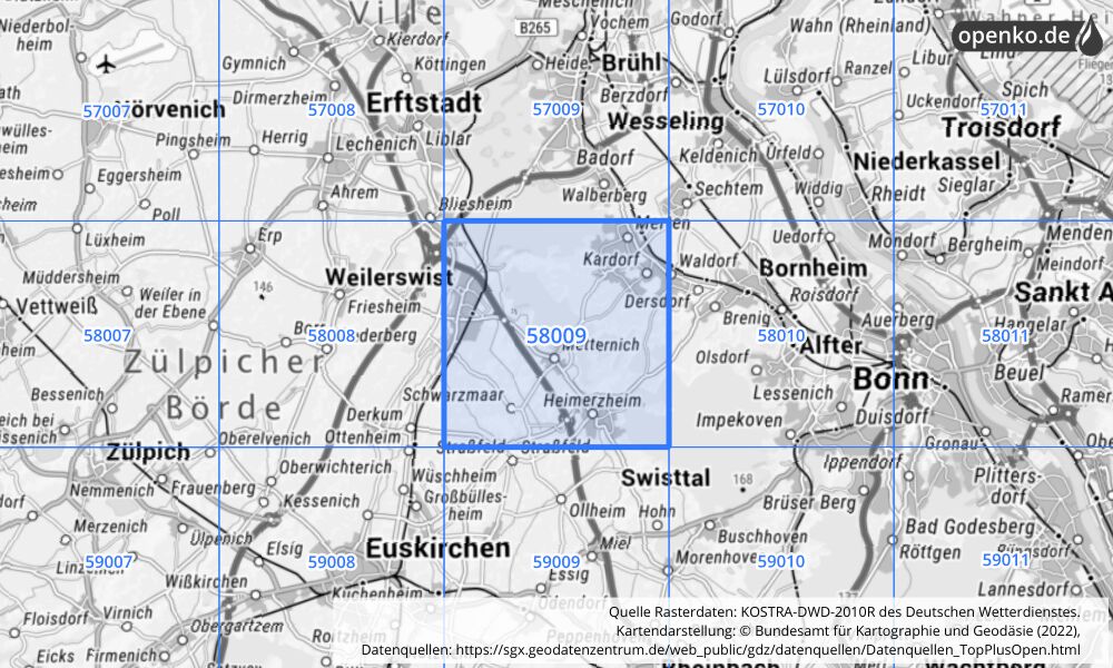 Übersichtskarte KOSTRA-DWD-2010R Rasterfeld Nr. 58009 mit angrenzenden Feldern