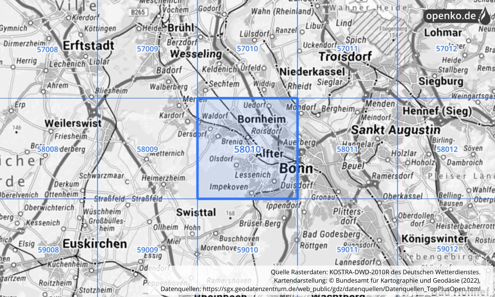 Übersichtskarte KOSTRA-DWD-2010R Rasterfeld Nr. 58010 mit angrenzenden Feldern