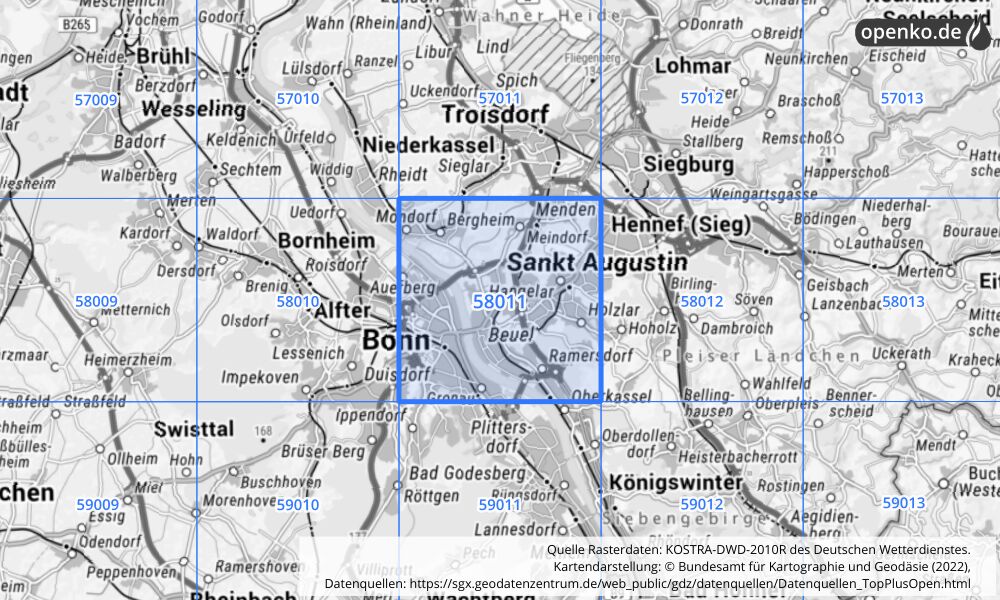 Übersichtskarte KOSTRA-DWD-2010R Rasterfeld Nr. 58011 mit angrenzenden Feldern