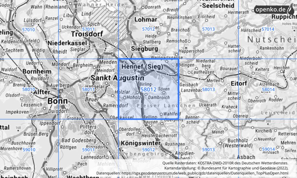 Übersichtskarte KOSTRA-DWD-2010R Rasterfeld Nr. 58012 mit angrenzenden Feldern