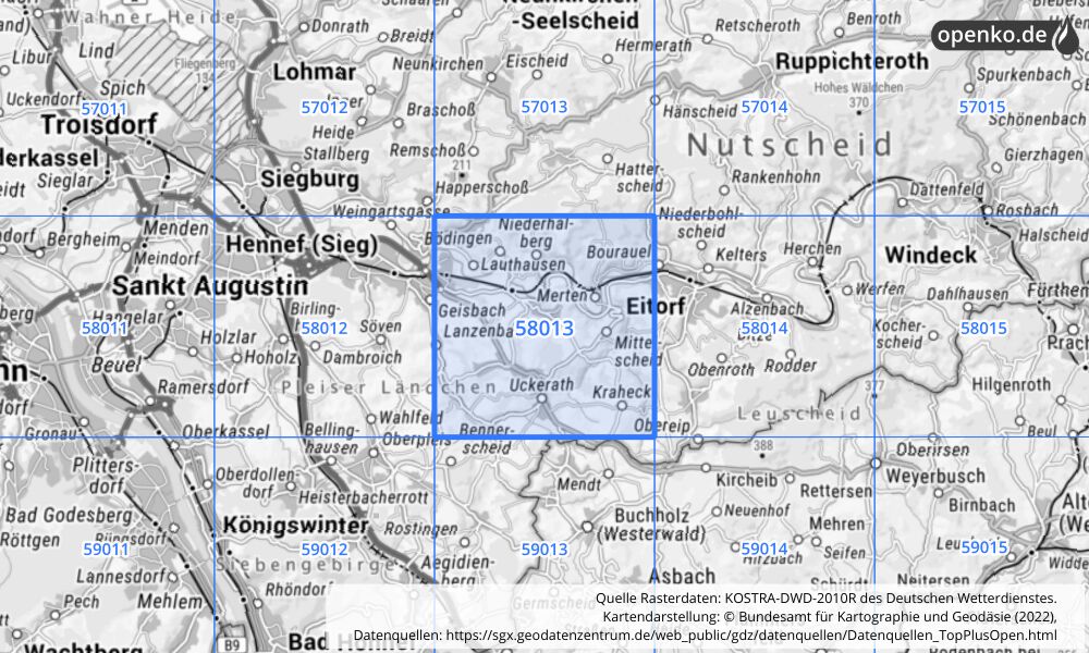 Übersichtskarte KOSTRA-DWD-2010R Rasterfeld Nr. 58013 mit angrenzenden Feldern