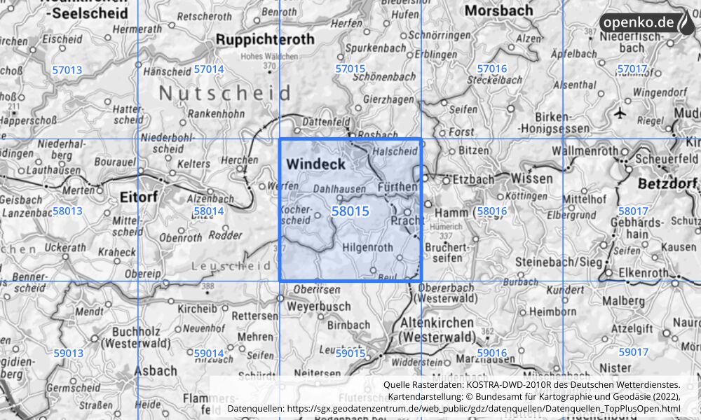 Übersichtskarte KOSTRA-DWD-2010R Rasterfeld Nr. 58015 mit angrenzenden Feldern