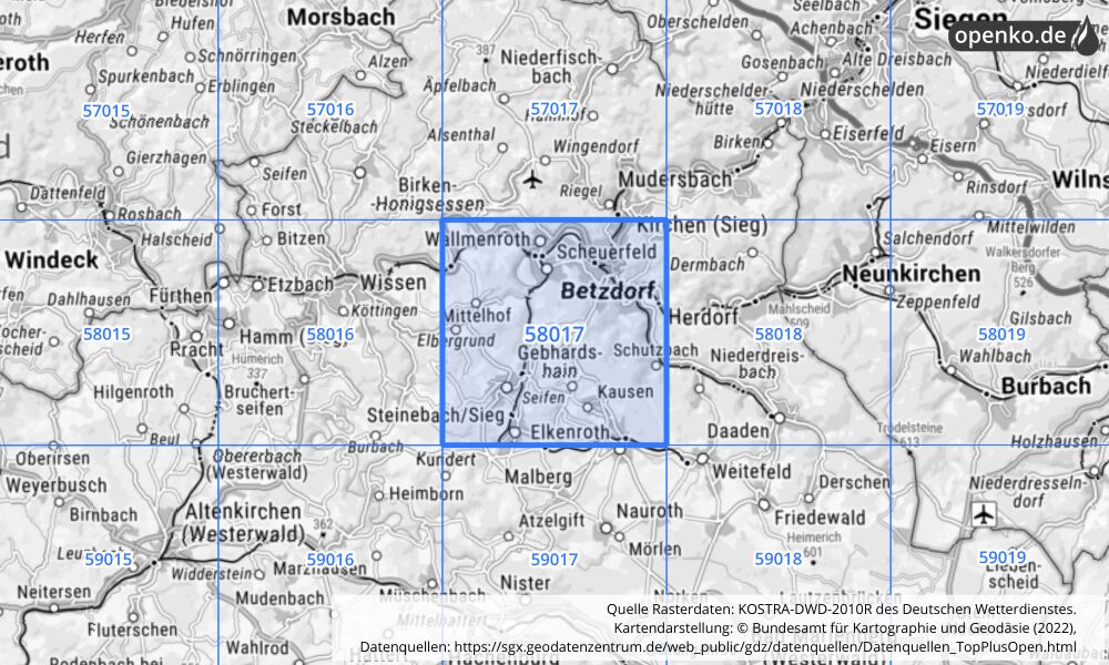 Übersichtskarte KOSTRA-DWD-2010R Rasterfeld Nr. 58017 mit angrenzenden Feldern