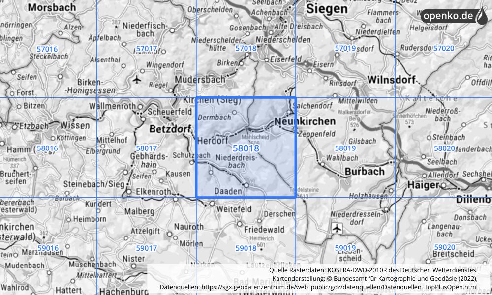 Übersichtskarte KOSTRA-DWD-2010R Rasterfeld Nr. 58018 mit angrenzenden Feldern