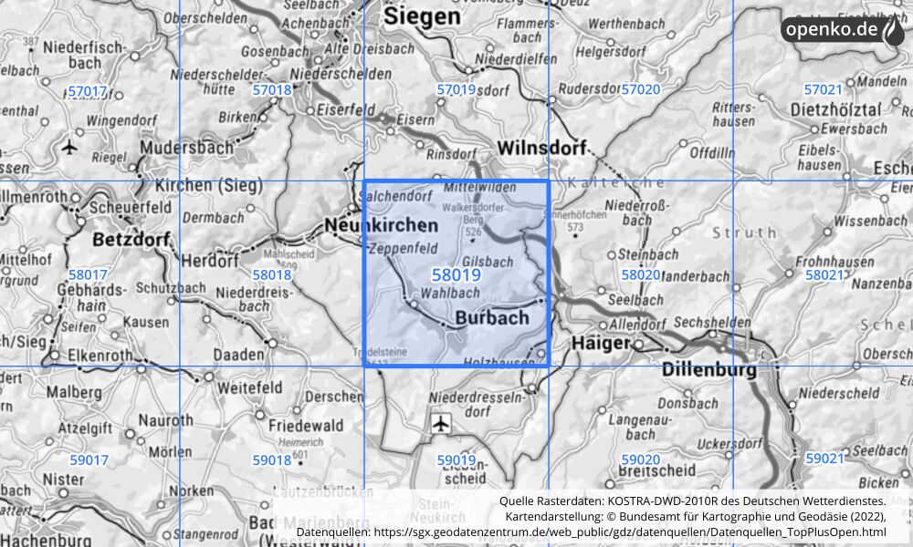 Übersichtskarte KOSTRA-DWD-2010R Rasterfeld Nr. 58019 mit angrenzenden Feldern