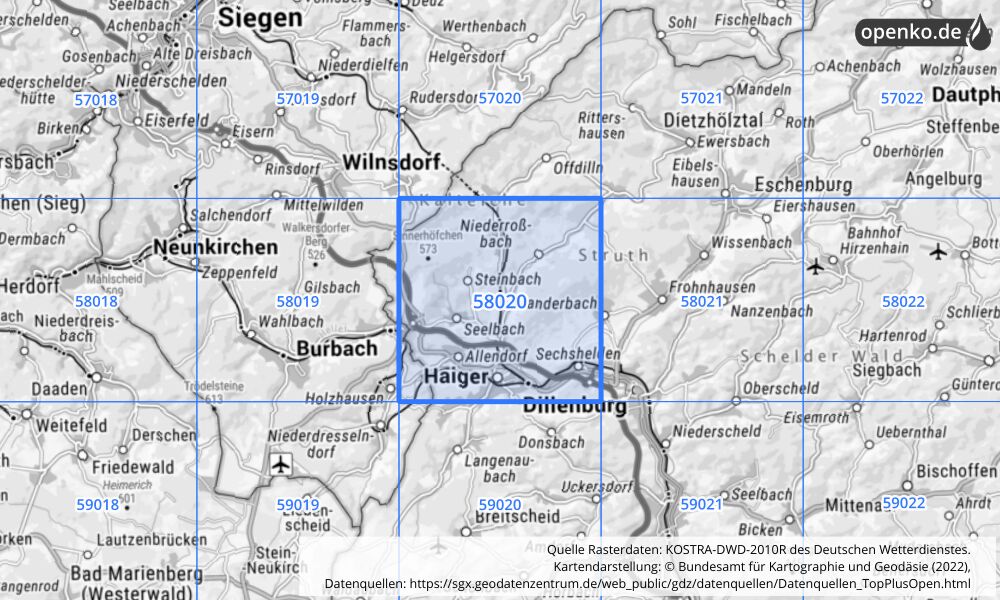 Übersichtskarte KOSTRA-DWD-2010R Rasterfeld Nr. 58020 mit angrenzenden Feldern