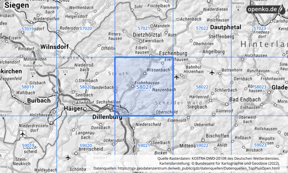 Übersichtskarte KOSTRA-DWD-2010R Rasterfeld Nr. 58021 mit angrenzenden Feldern