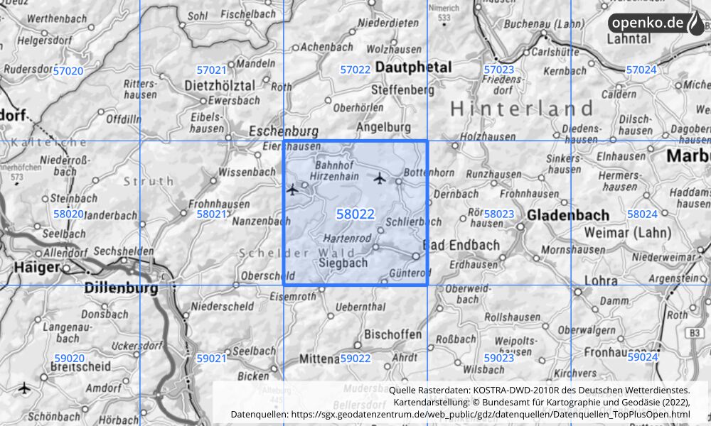 Übersichtskarte KOSTRA-DWD-2010R Rasterfeld Nr. 58022 mit angrenzenden Feldern