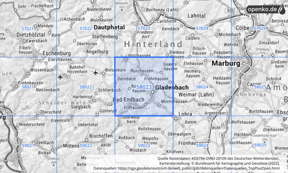 Übersichtskarte KOSTRA-DWD-2010R Rasterfeld Nr. 58023 mit angrenzenden Feldern