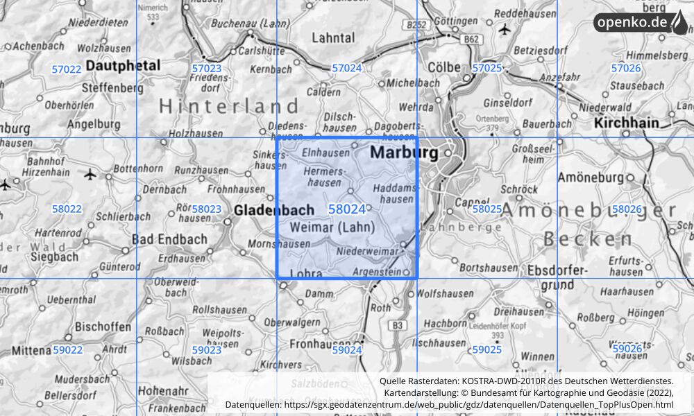 Übersichtskarte KOSTRA-DWD-2010R Rasterfeld Nr. 58024 mit angrenzenden Feldern