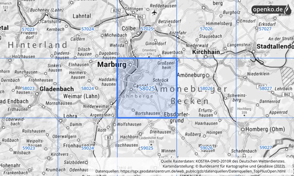 Übersichtskarte KOSTRA-DWD-2010R Rasterfeld Nr. 58025 mit angrenzenden Feldern