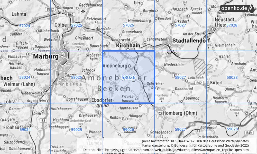 Übersichtskarte KOSTRA-DWD-2010R Rasterfeld Nr. 58026 mit angrenzenden Feldern