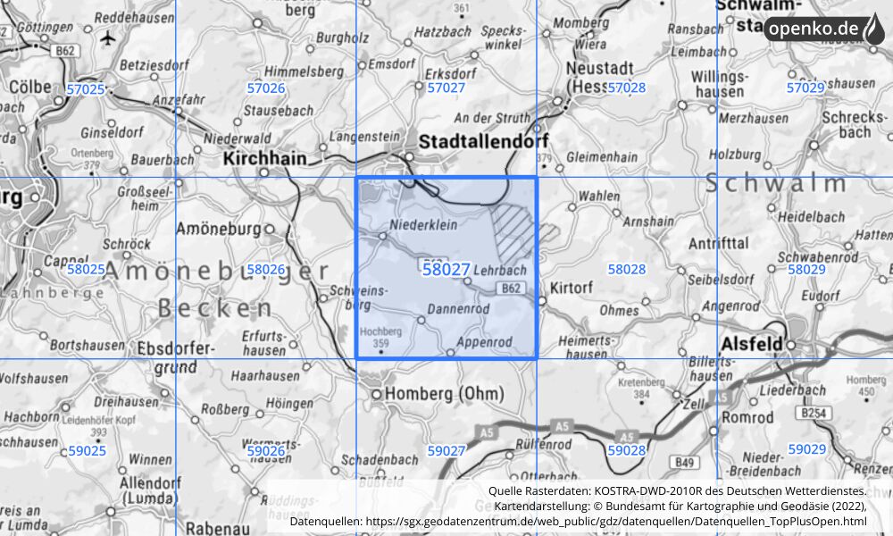 Übersichtskarte KOSTRA-DWD-2010R Rasterfeld Nr. 58027 mit angrenzenden Feldern