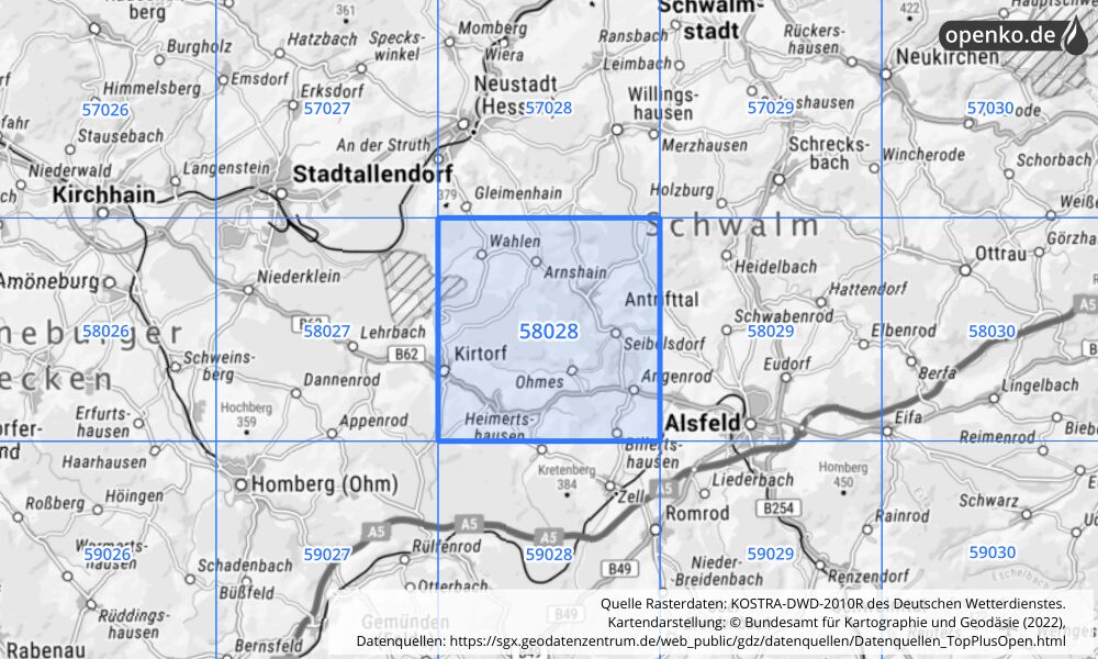 Übersichtskarte KOSTRA-DWD-2010R Rasterfeld Nr. 58028 mit angrenzenden Feldern