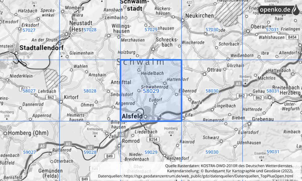 Übersichtskarte KOSTRA-DWD-2010R Rasterfeld Nr. 58029 mit angrenzenden Feldern