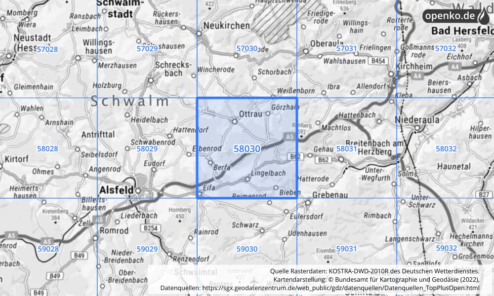 Übersichtskarte KOSTRA-DWD-2010R Rasterfeld Nr. 58030 mit angrenzenden Feldern