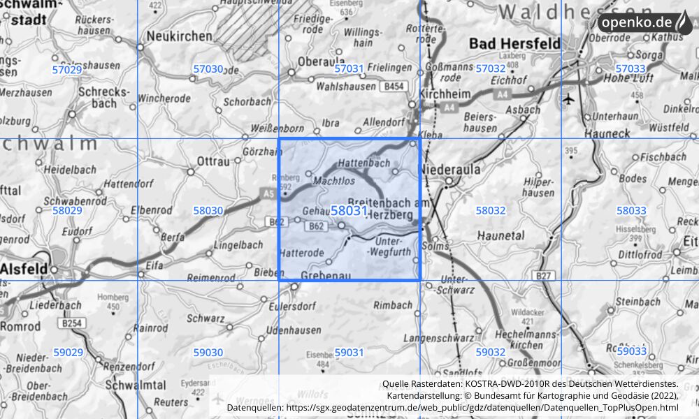 Übersichtskarte KOSTRA-DWD-2010R Rasterfeld Nr. 58031 mit angrenzenden Feldern