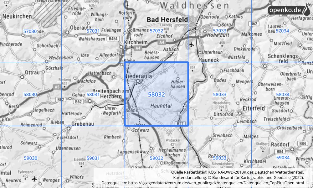 Übersichtskarte KOSTRA-DWD-2010R Rasterfeld Nr. 58032 mit angrenzenden Feldern