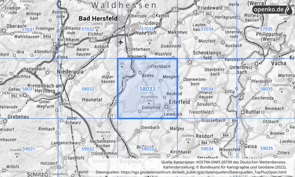 Übersichtskarte KOSTRA-DWD-2010R Rasterfeld Nr. 58033 mit angrenzenden Feldern