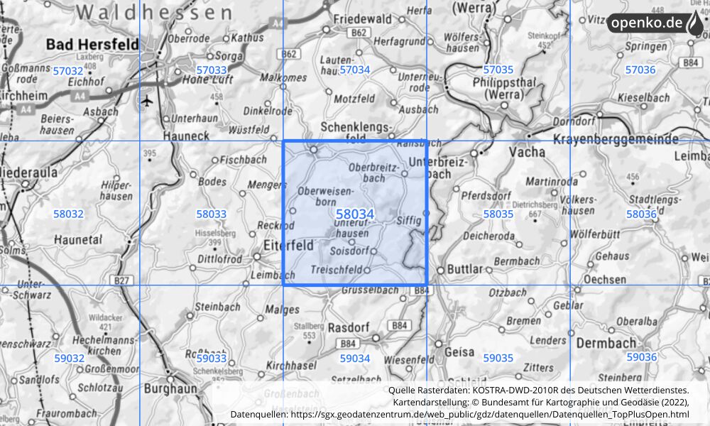 Übersichtskarte KOSTRA-DWD-2010R Rasterfeld Nr. 58034 mit angrenzenden Feldern