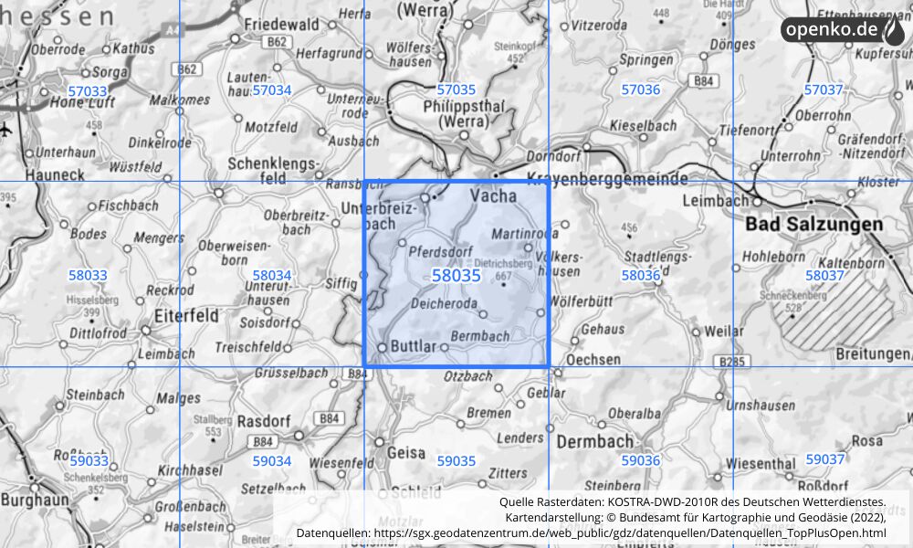 Übersichtskarte KOSTRA-DWD-2010R Rasterfeld Nr. 58035 mit angrenzenden Feldern