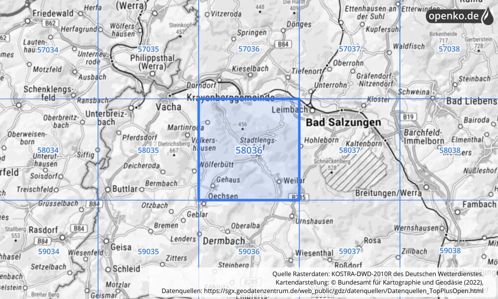 Übersichtskarte KOSTRA-DWD-2010R Rasterfeld Nr. 58036 mit angrenzenden Feldern