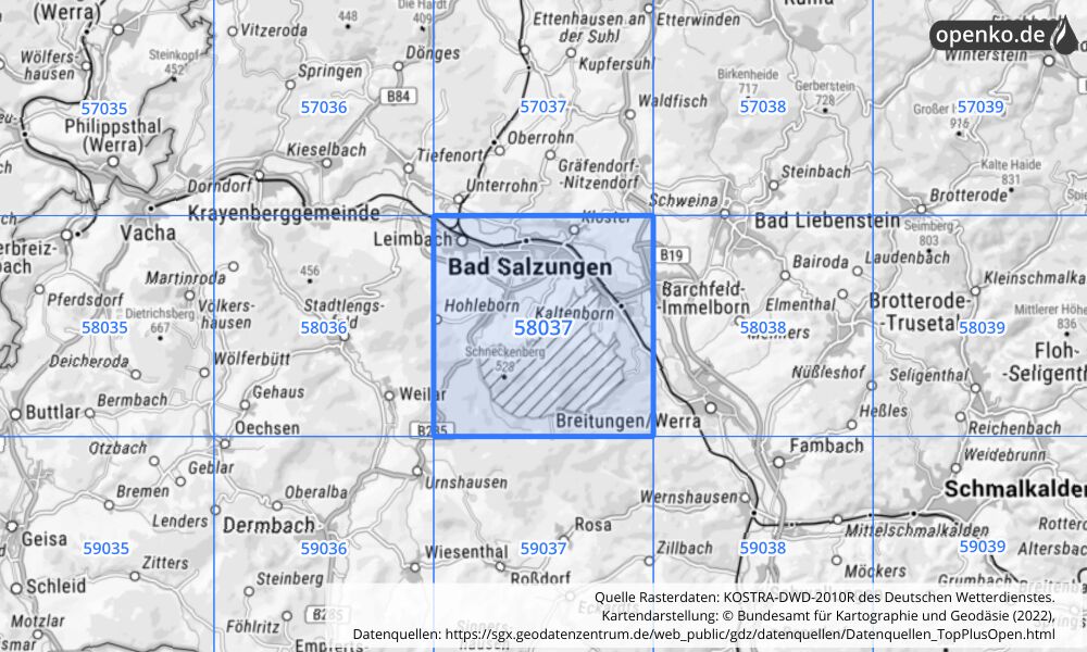 Übersichtskarte KOSTRA-DWD-2010R Rasterfeld Nr. 58037 mit angrenzenden Feldern