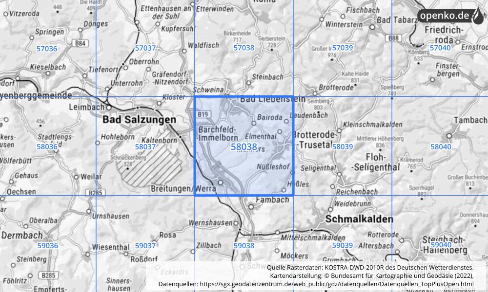 Übersichtskarte KOSTRA-DWD-2010R Rasterfeld Nr. 58038 mit angrenzenden Feldern