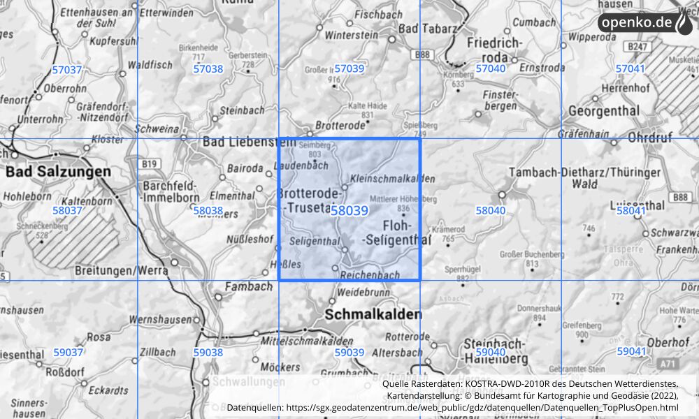 Übersichtskarte KOSTRA-DWD-2010R Rasterfeld Nr. 58039 mit angrenzenden Feldern